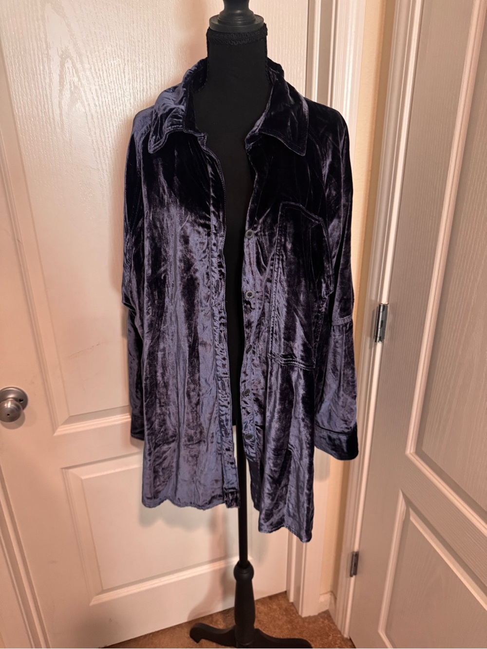 Free People Velvet Button-Down Shirt Jacket - Navy
